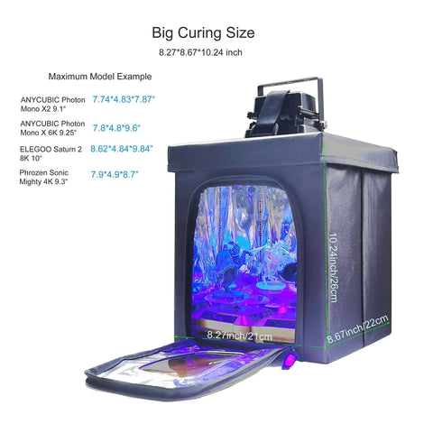 Large 3D Printer Resin Curing Station with UV Light and Solar Turntable, 8.27x8.67x10.24 inch enclosure, model examples visible