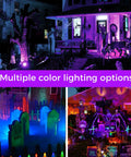 Outdoor RGB LED Flood Lights With Stakes 12W Color Changing Landscape Lighting illuminating yard and Halloween decor