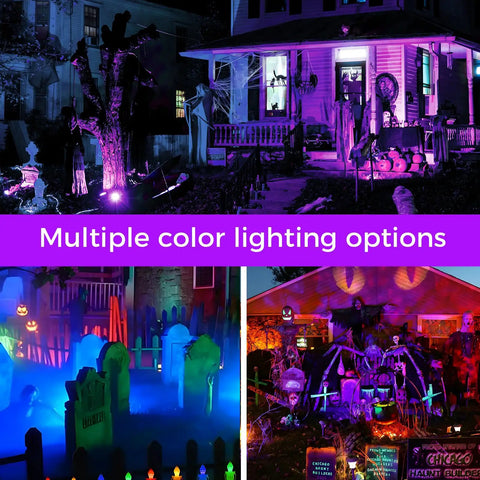 Outdoor RGB LED Flood Lights With Stakes 12W Color Changing Landscape Lighting illuminating yard and Halloween decor