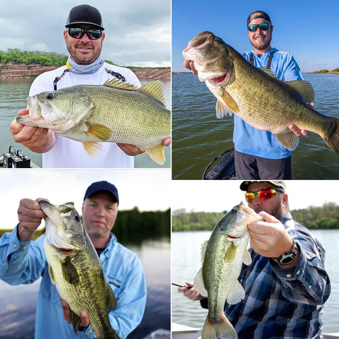 Anglers holding large bass fish caught with Carbon Fiber Telescopic Fishing Rod And Reel Combo For Saltwater And Freshwater.