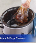 Hand removing liner from a slow cooker for quick cleanup, featuring Small Slow Cooker Liners For 1 To 3 Quart Pots Pack Of 5 Easy Cleanup