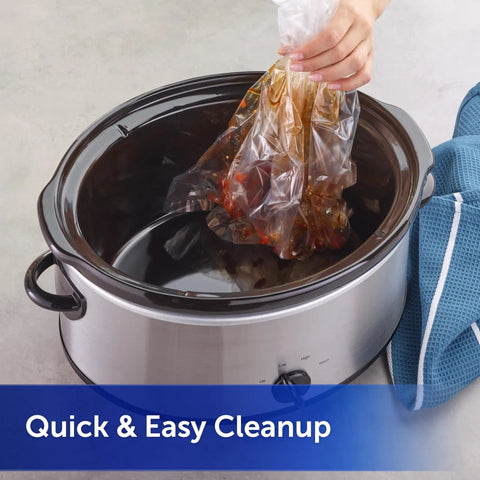Hand removing liner from a slow cooker for quick cleanup, featuring Small Slow Cooker Liners For 1 To 3 Quart Pots Pack Of 5 Easy Cleanup