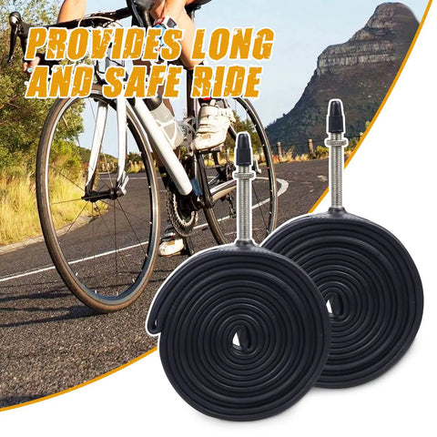 Two Pack 700x28C And 32C Bike Tubes With 48Mm FV Presta Valve For 700C Road Bikes, shown with a cyclist on the road