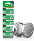 10 Pack LR1130 AG10 Button Cell Batteries 1.5V Alkaline Power Cells in sealed packaging, two batteries visible, ideal for watches and calculators.