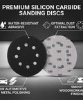 Grab 200 Count Of These Killer 5 Inch Sanding Discs With 8 Holes For Your Orbital Sander showing black and white sanding discs.
