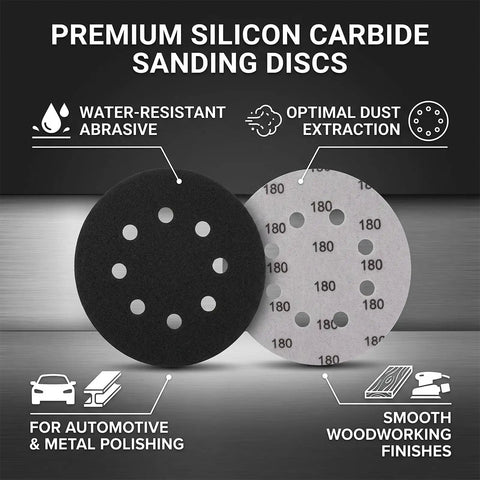 Grab 200 Count Of These Killer 5 Inch Sanding Discs With 8 Holes For Your Orbital Sander showing black and white sanding discs.