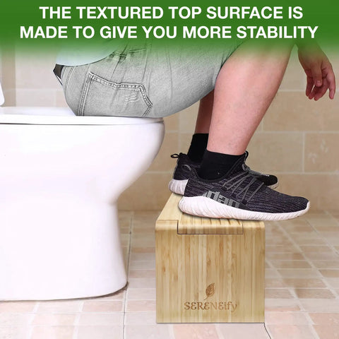 Person using Bamboo Toilet Stool For Adults Non Slip Foldable Portable Poop Stool For Bathroom Easy Pooping Relief Ergonomic Elevation