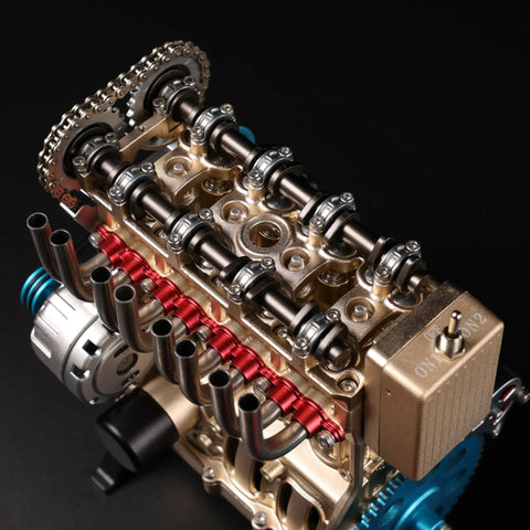 Premium Metal Inline Four Cylinder Engine Model Kit with detailed anodized aluminum parts from above view.