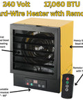 Heavy Duty Electric Forced Air Garage Heater With Remote Control 17060 Btu showing steel body, remote, and control panel features.