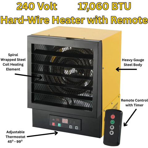 Heavy Duty Electric Forced Air Garage Heater With Remote Control 17060 Btu showing steel body, remote, and control panel features.