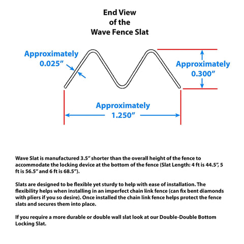 Technical diagram showing end view dimensions of Wave Slat Privacy Slats For Chain Link Fences Single Wall Bottom Locking Design