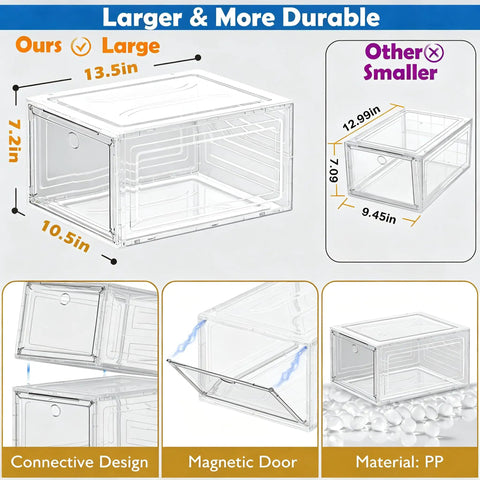 Game Changer Six Pack Clear Shoe Organizers With Snappy Magnetic Doors And Fully Stackable Build For Dead Simple Closet Tidy Up Under Bed Or Garage Storage, Durable clear storage bin with dimensions 13.5x10.5x7.2 inches.