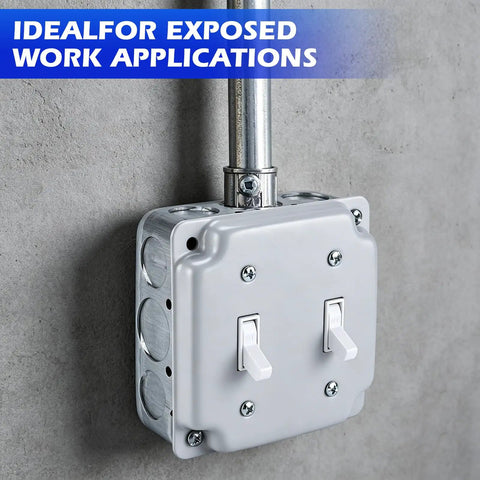 Two Gang Double Switch Box Kit With 4x4 Inch Metal Electrical Box And Two 15 Amp Tamper Resistant Single Pole Toggle Switches on wall