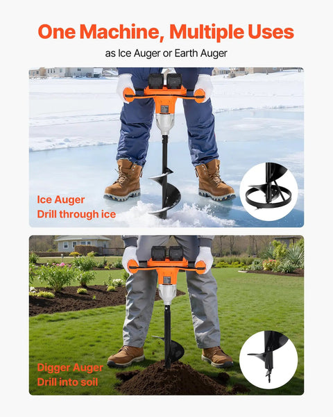 Beast Mode 40V Electric Ice Auger With 8 Inch Diameter demonstrating ice fishing and earth auger use on ice and soil surfaces.