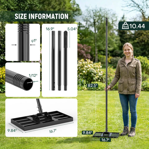 Pro Grade Lawn Leveling Rake With Adjustable 6.5 Ft Handle For Yard And Garden Topdressing Dirt Sand And Grass Leveling Carbon Steel Tool shown with size dimensions
