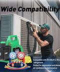 Technician using 4.5 CFM Vacuum Pump With Brass Manifold Gauge Set, 4ft Three Color Hoses And 2 Quick Couplers, for AC unit