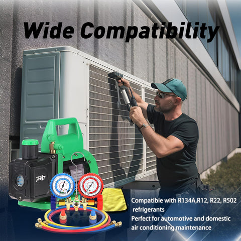 Technician using 4.5 CFM Vacuum Pump With Brass Manifold Gauge Set, 4ft Three Color Hoses And 2 Quick Couplers, for AC unit