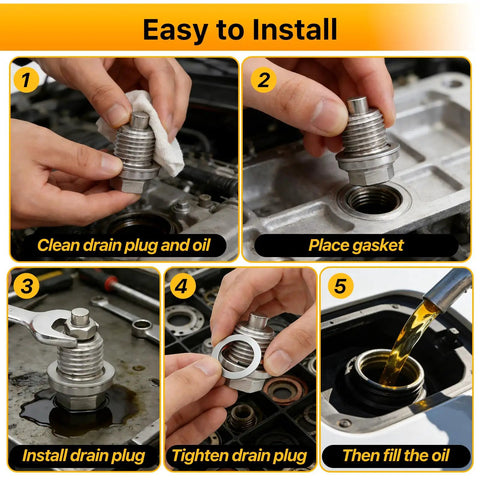 Step-by-step installation of Aluminum Oil Drain Plug Crush Washer Kit With 720 Pieces, 18 Sizes M6 To M24 on a car engine