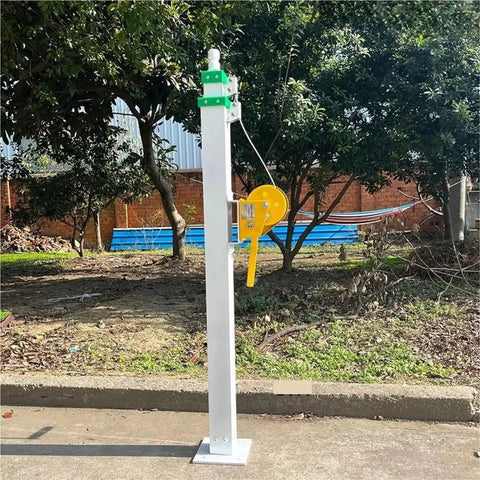 Rock Solid 6M Square Steel Hand Crank Telescopic Antenna Mast Satellite Stick for Emergency Radio Deployments showing white mast with yellow crank.