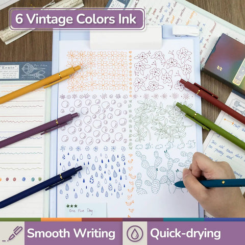 Person using Six Pack Gel Ink Pens With 0.5mm Fine Point on paper with various designs and text, six vintage colors ink.