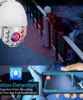 Outdoor PTZ IP Security Cam With 4x Optical Zoom Starlight Night Vision 1080p HD showing surveillance screen and motion detection