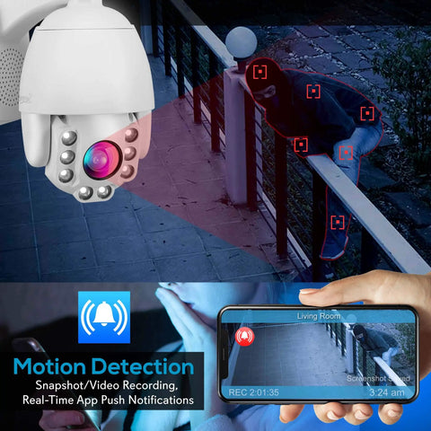 Outdoor PTZ IP Security Cam With 4x Optical Zoom Starlight Night Vision 1080p HD showing surveillance screen and motion detection