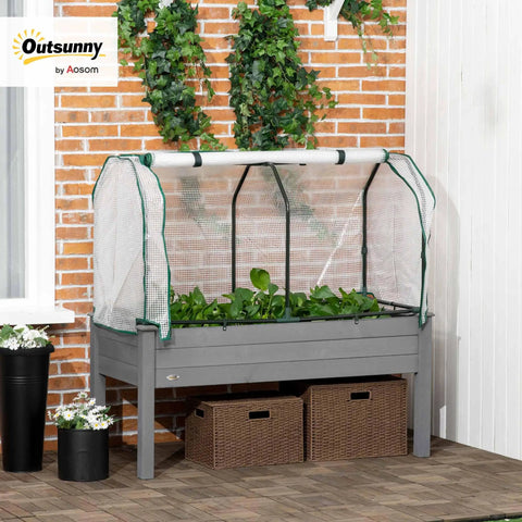 Raised Garden Bed With PE Greenhouse Cover For Herbs And Veggies, Outdoor Elevated Wood Planter Box For Patio Backyard Balcony, 48 By 22 By 46 Inches, Dark Gray