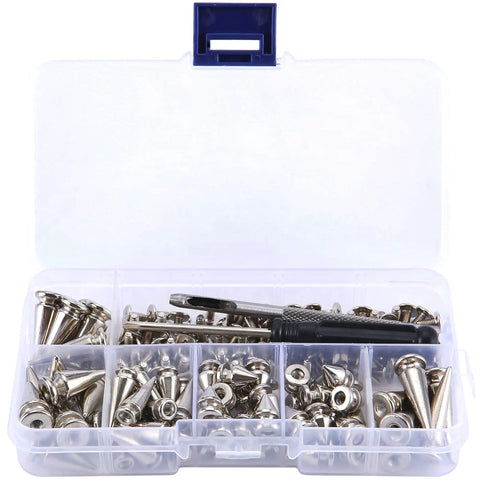 Kicking Dope Badass Silver Zinc Alloy Spikes And Mixed Shape Studded Screwback Rivets 70 Piece Set in a clear organizer box.