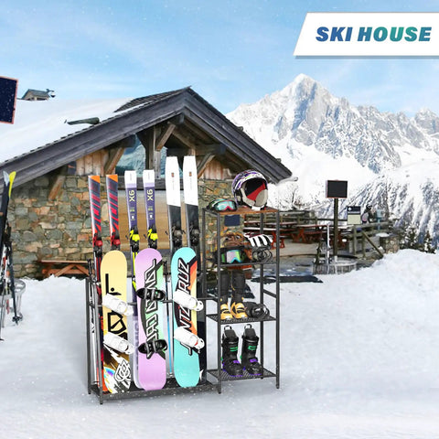 Freestanding Ski And Snowboard Rack Keeps Your Gnarly Shred Gear Totally Organized Holds three boards and ski gear in snowy outdoor setting.