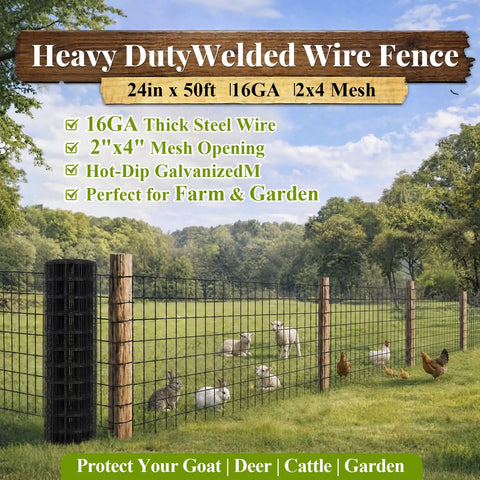 Heavy Duty Galvanized Welded Wire Fence Roll 24 By 50 Feet 2X4 Inch Steel Mesh for livestock pens in a grassy field.