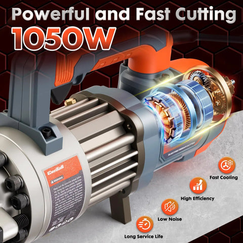 Heavy Duty 3/4 Inch Electric Hydraulic Rebar Cutter RC20B motor close-up showing 1050W power for efficient steel cutting.