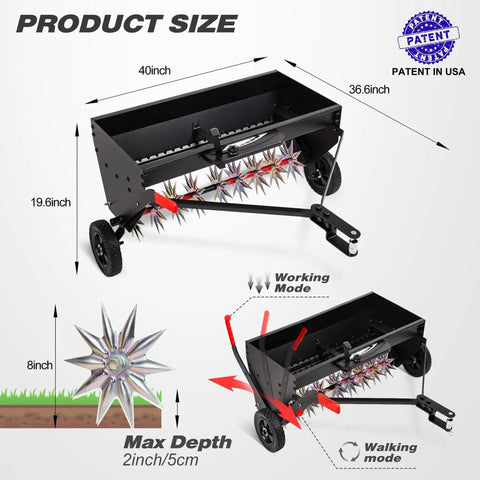 40 Inch Tow Behind Spiker Seeder Combo Aerator And Spreader For Lawn Care, Steel Hopper Broadcast Spreader With Spike Aeration
