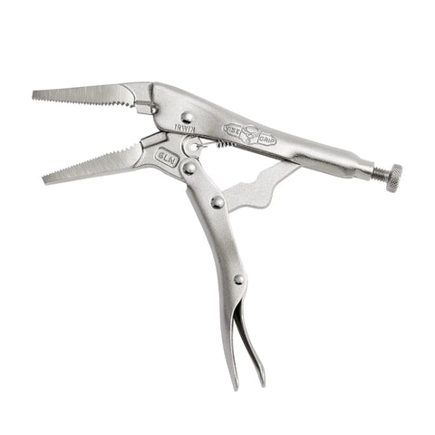 Vise-Grip Long Nose Locking Pliers With Wire Cutters, 6 Inch, straight nose, heavy duty alloy steel, open position view.