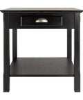 Front view of Round Beechwood End Table In Black Finish With Storage Drawer And Open Shelf, Rustic Modern Accent Piece, Brushed Chrome Pull, Paneled Sides, Easy Assembly, 22 Inch Diameter By 22 Inch High