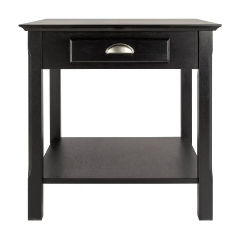 Front view of Round Beechwood End Table In Black Finish With Storage Drawer And Open Shelf, Rustic Modern Accent Piece, Brushed Chrome Pull, Paneled Sides, Easy Assembly, 22 Inch Diameter By 22 Inch High