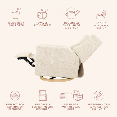 Side view of Glider Recliner With USB Charging And Electronic Control For Nursery, 270 Degree Swivel, almond fabric on wood base.