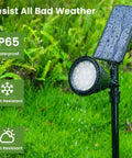 600 Lumen Solar Outdoor Lights Waterproof Landscape Spotlights Solar Powered Walkway Pathway Garden Lights Backyard Patio Decor Warm White 4 Pack Built Tough For All Weather, shown installed and wet with rain on green grass.