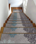 Non Slip Stair Treads Carpet Floral Gray Peel And Stick Set Of 13 8x30 Inches installed on wooden staircase
