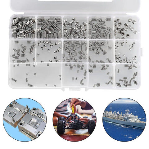 340 Piece Metric Set Screws Kit In 304 Stainless Steel, Allen Head Hex Socket Cone Point Set Screws, organized in clear box