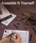 Anti Aircraft Gun Mechanical Model Kit With Semi Automatic Firing Action, Dope 3D Wooden Puzzle For Adults, DIY Rubber Band Gun Toy, Interactive Building Model Kit For Fun And Creative Play assembled wooden anti-aircraft gun model kit with instructions and parts