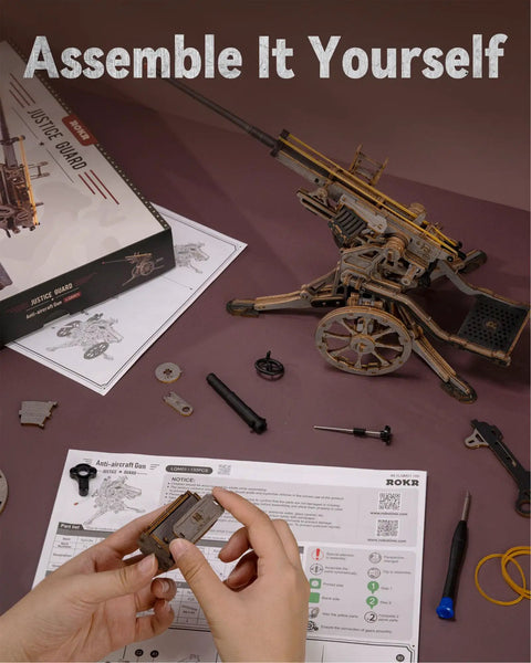 Anti Aircraft Gun Mechanical Model Kit With Semi Automatic Firing Action, Dope 3D Wooden Puzzle For Adults, DIY Rubber Band Gun Toy, Interactive Building Model Kit For Fun And Creative Play assembled wooden anti-aircraft gun model kit with instructions and parts