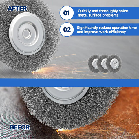 After and before comparison of Six Pack Six Inch Carbon Steel Wire Wheel Brushes For Bench Grinders, showing effective rust removal.