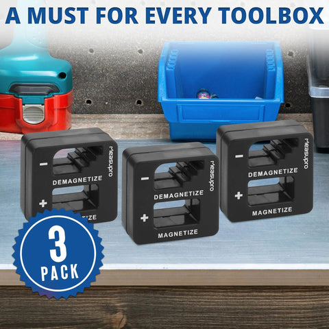 Pro Grade Magnetizer And Demagnetizer Kit For Screwdrivers, Bits, Small Tools And Drills Black 3 Pack on a workbench