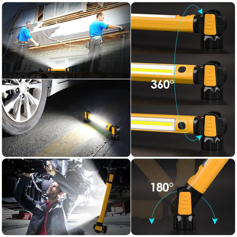 Beast Mode 2500LM COB LED Work Light With 5200mAh Rechargeable Battery showing magnetic mount and adjustable angles.