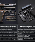 Comparison of firearm parts before and after cleaning with All In One Gun Lube And Cleaner Kit With Two Oz And One Oz Needle Oiler.