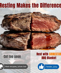 Cross-section of cooked steak showing differences between rested and un-rested meat with text overlay promoting resting blanket.