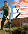 Man using 4-Tine Pitch Fork With Foot Step, Ergonomic Y-Handle Garden Digging Fork For Soil Loosening, Lightweight Durable 43 Inch Tool.