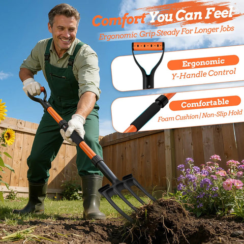 Man using 4-Tine Pitch Fork With Foot Step, Ergonomic Y-Handle Garden Digging Fork For Soil Loosening, Lightweight Durable 43 Inch Tool.