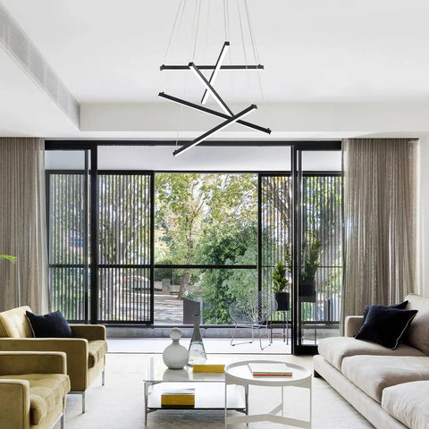 Sleek Modern LED Chandelier With 5 Lights Black Linear Pendant Ceiling Light in contemporary living room setting