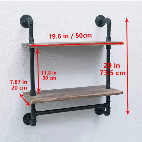 Industrial Rustic Bathroom Shelves Wall Mounted 19.7 Inch Two Tier With Towel Bar, Metal Pipe Storage For Kitchen And Bathroom, Floating Over Toilet Shelf, Space Saving Built To Last Dark Wood Finish